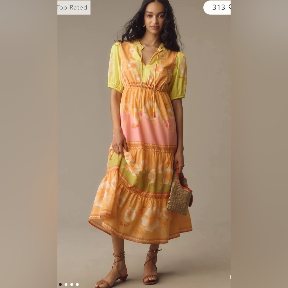 NWT Farm Rio x Anthropologie Short-Sleeve Tiered Midi Dress